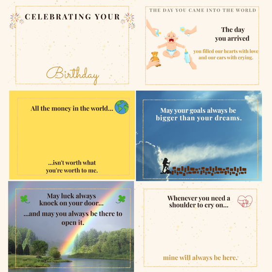 Six designed album pages waiting to be filled in